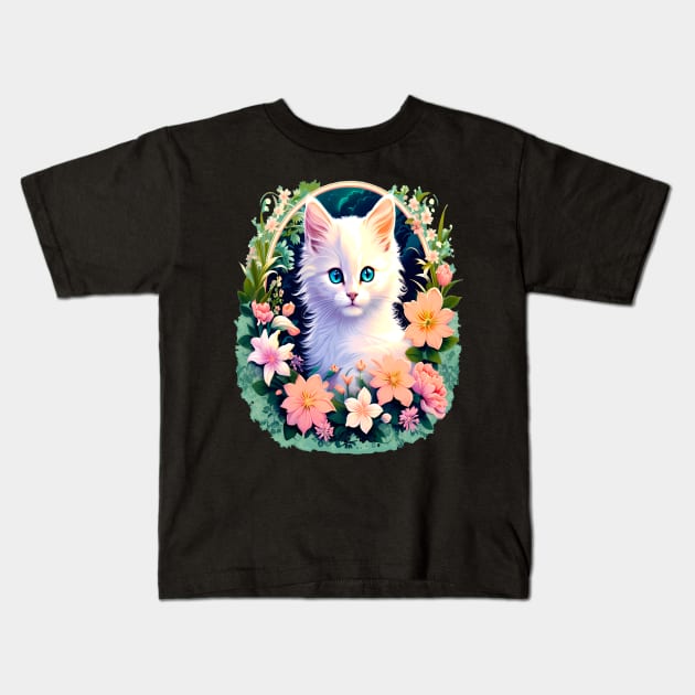 Beautiful White Kitten Surrounded by Spring Flowers Kids T-Shirt by BirdsnStuff